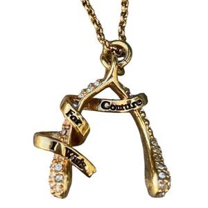 Juicy Couture "I Wish For Couture" Gold Crystal Pave Lucky Wishbone Necklace EUC